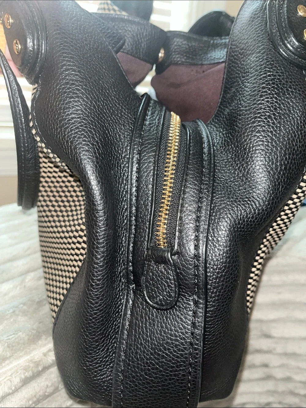 COACH Black & White Patterned Tote Bag with Black Trim